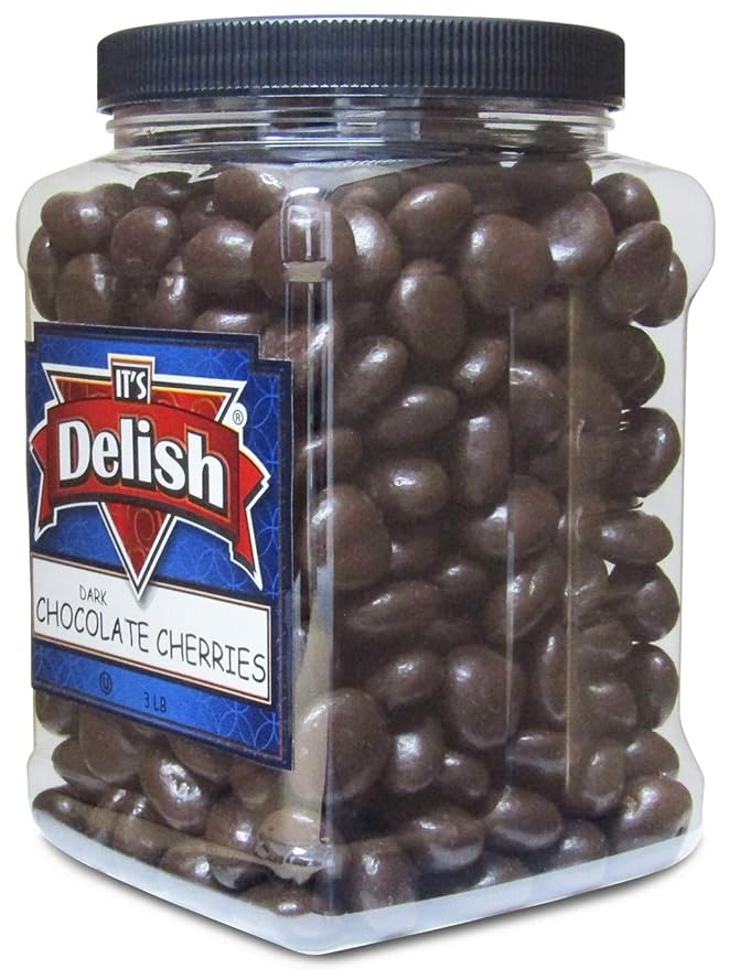 Gourmet Dark Chocolate Covered Cherries by It's Delish 3 lb Jumbo Reusable Container | Premium Dark Bittersweet Chocolate Coated Dried Cherries - Kosher Parve Vegan