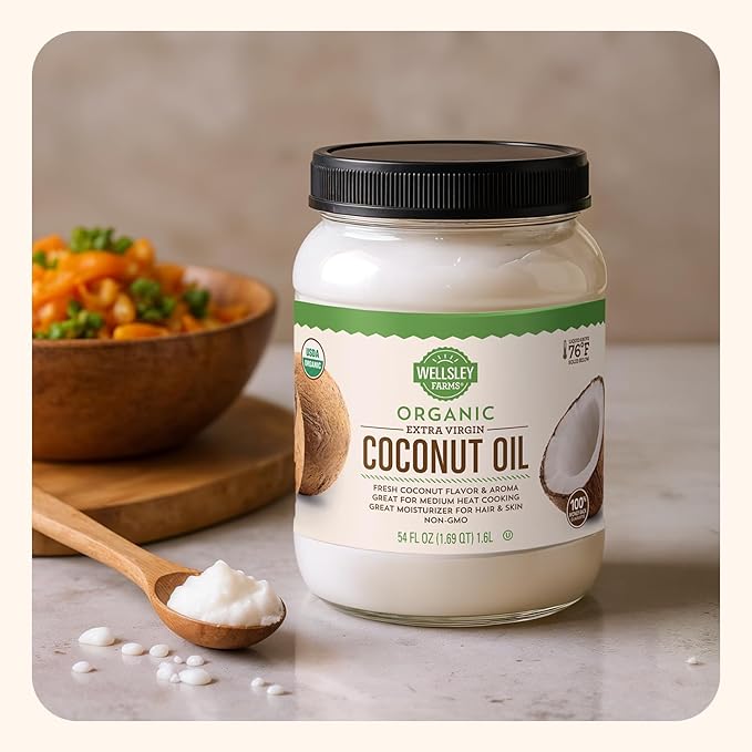 Wellsley Farms Organic Extra Virgin Coconut Oil - Unrefined 100% Pure &amp Natural - Vegan Non-GMO Gluten-Free and Keto-Friendly Cooking Coconut Oil - Ideal for Skin Care &amp Hair Care - 54 oz (
