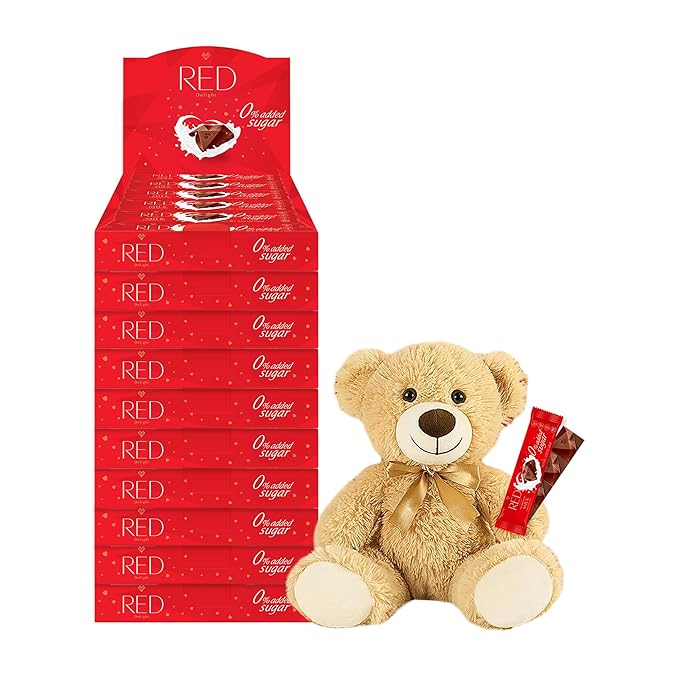 RED Delight®™ Milk Chocolate 12 Count Box of Grab N Go Travel Size Bars (0.92 Ounces Each) with a 14 Plush Teddy Bear (10 Boxes - Total of 120 Bars + 14 Plush Bear)