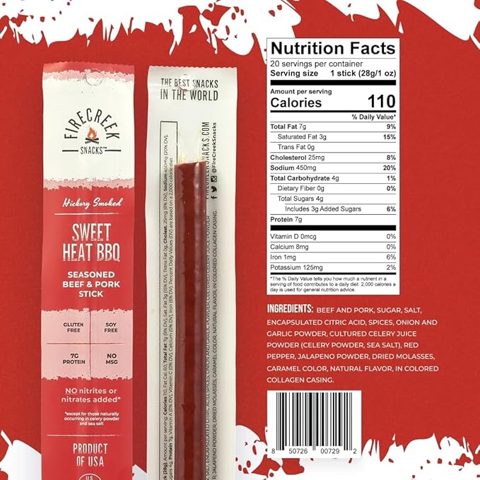 FireCreek Snacks Beef Sticks (Jerky Sticks) Hickory Smoked Beef &amp Pork Meat Sticks 20 Pack (1 oz) 7g Protein Gluten Free Soy Free No MSG Sweet Heat BBQ