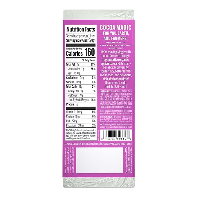 Dr. Bronner's - Magic All-One Chocolate Smooth Coconut Praline Bar—Certified Organic &amp Fair Trade 70% Cocoa No Added Salt Vegan Coconut-Sugar Sweetened &amp Perfectly Balanced | 6 Count