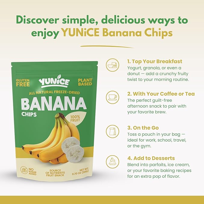 YUNiCE Freeze-Dried banana chips 100% Real Fruit Single Ingredient Snack Naturally Sweet &amp Crunchy No Sugar Added Gluten Free Plant-Based On-The-Go Packs BANANA 0.70 Ounce (Pack of 12)