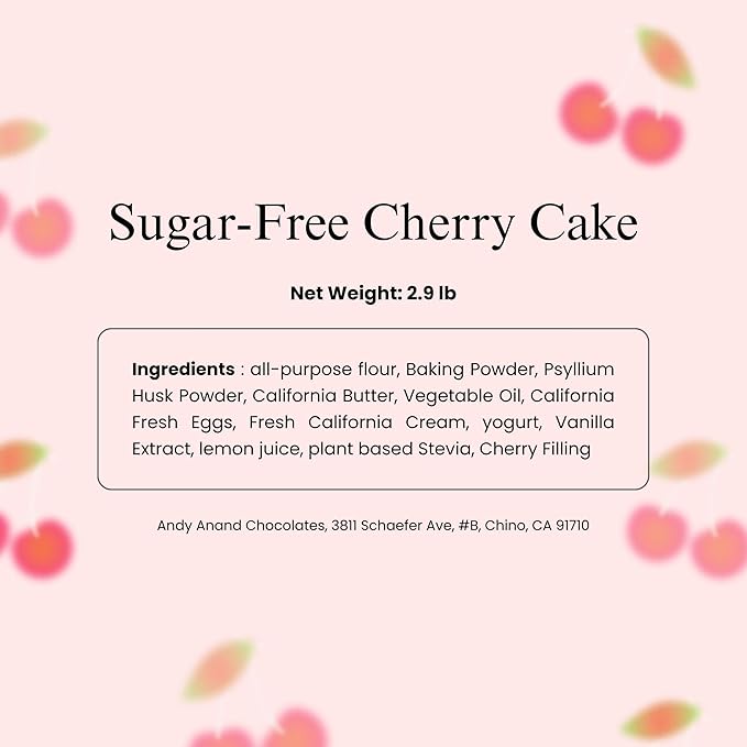 ANDY ANAND CHOCOLATIER Sugar Free Cherry Cake 2.9 lbs - Gourmet Freshly Made All-Natural Ingredients No Preservatives Diabetic-Friendly Gourmet Gift Boxed Delight