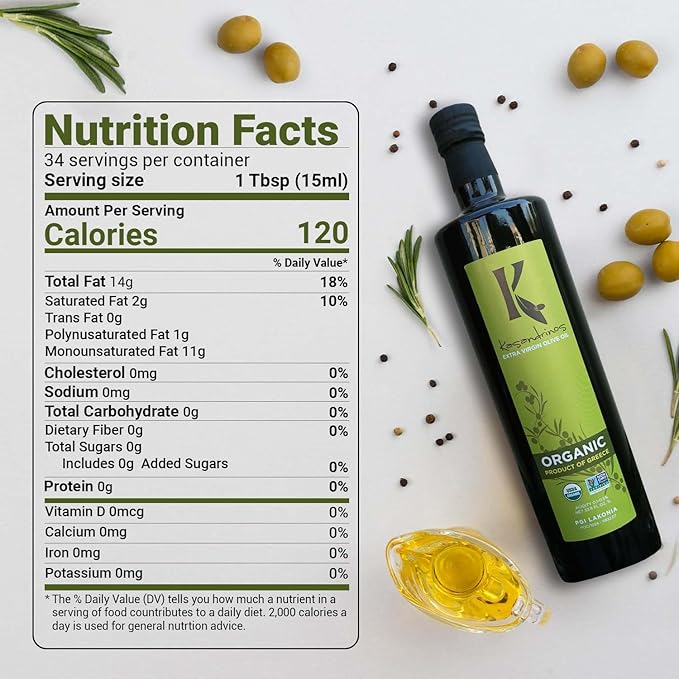 Kasandrinos Organic Olive Oil Extra Virgin Polyphenol Rich Greek Olive Oil 100% Organic First Cold Pressed Mild + Delicate Flavor Verified by Non GMO 1 L / 33.8 oz
