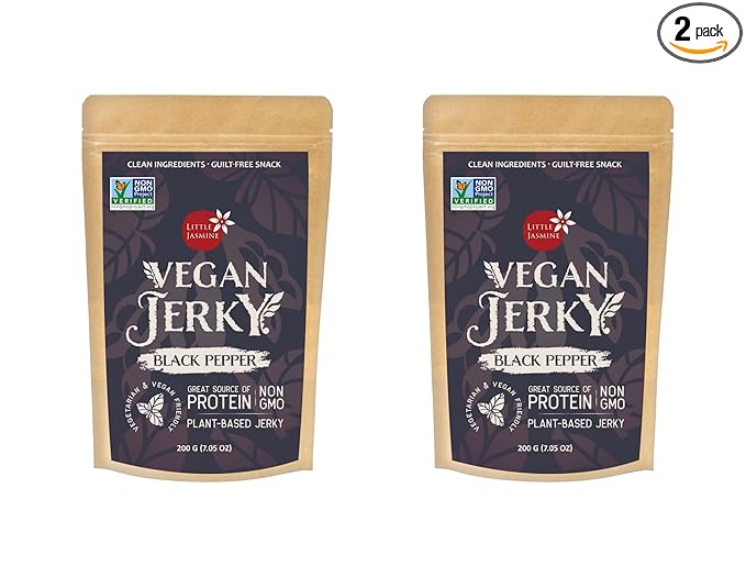 (2 PACK) Non-GMO Little Jasmine Vegan Jerky Black Pepper Flavor Plant Based Protein Clean Ingredients Made in Taiwan 7.5 oz