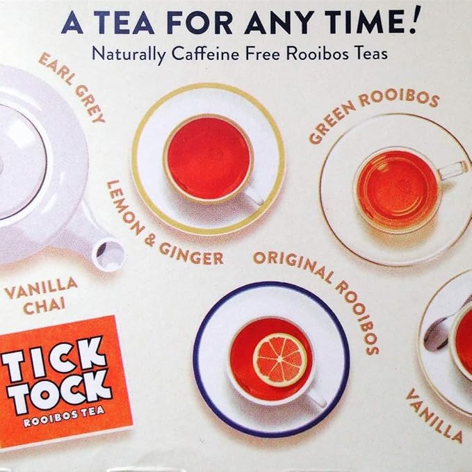 TICK TOCK TEAS Organic Rooibos Tea Green Tea Naturally Caffeine Free Red Bush Herbal Tea Rich in Anti-Oxidants South African Superfood - 40 Count (Pack of 4) Packaging May Vary