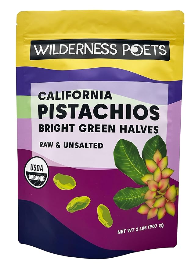 Wilderness Poets Organic Pistachios - Bright Green Pistachio Nut Halves No Salt Grown in California (2 Pound)