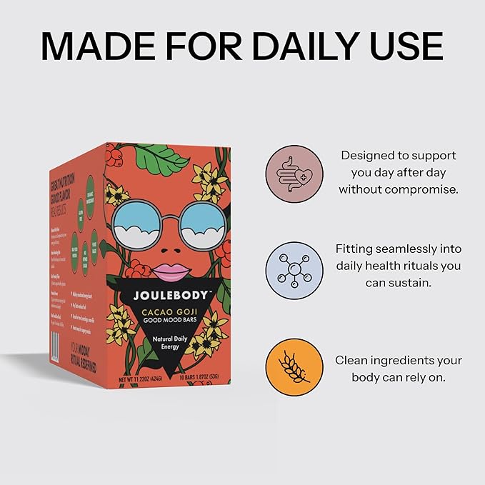 Joulebody Cacao Goji Good Mood Bars Meal Replacement Bars Plant Based Gluten-Free Organic Ingredients 10 Bars per Box