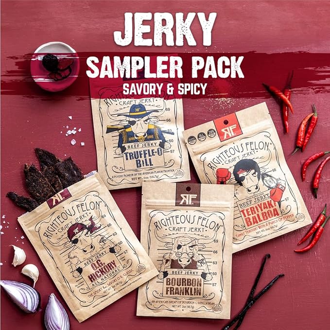 Righteous Felon Beef Jerky | All-Natural High Protein Jerky Snack Pack - Great Gifts for Men - Locally Sourced &amp Dried Beef Jerky - Low-Sugar Keto Gluten-Free Healthy Jerky Snacks - Savory 4 Pa
