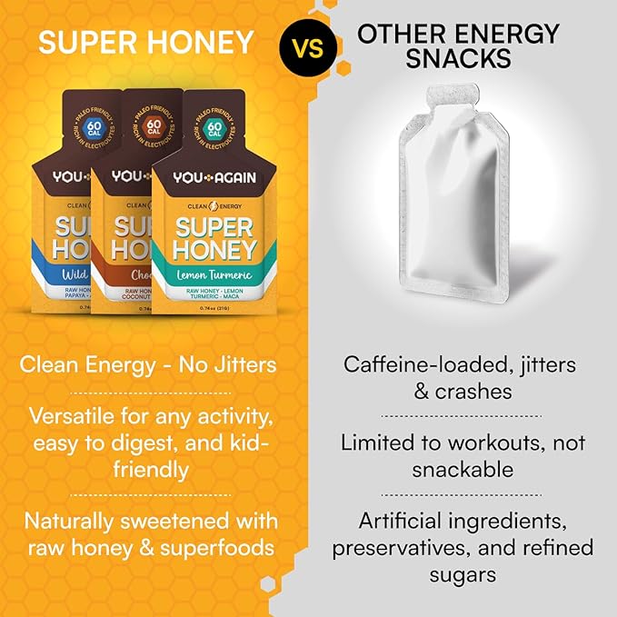 You Again Super Honey Packets - Variety | Workout Clean Energy Gel | Cycling Endurance Running Gel or Energy Snack | Paleo &amp Carnivore Snack | Gluten-Free | Made in USA | 12 Pack