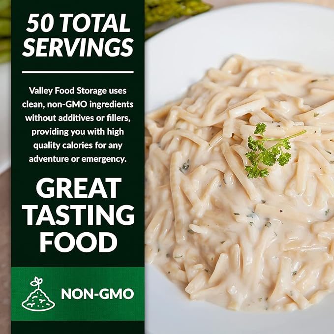 Valley Food Storage Fettuccine Alfredo | 10-Bag Bucket 50 Servings | Premium Emergency Food Supply 25 Year Shelf Life | Survival Meal Kits Prepper Food Camping &amp Long Term Food Storage | Packa