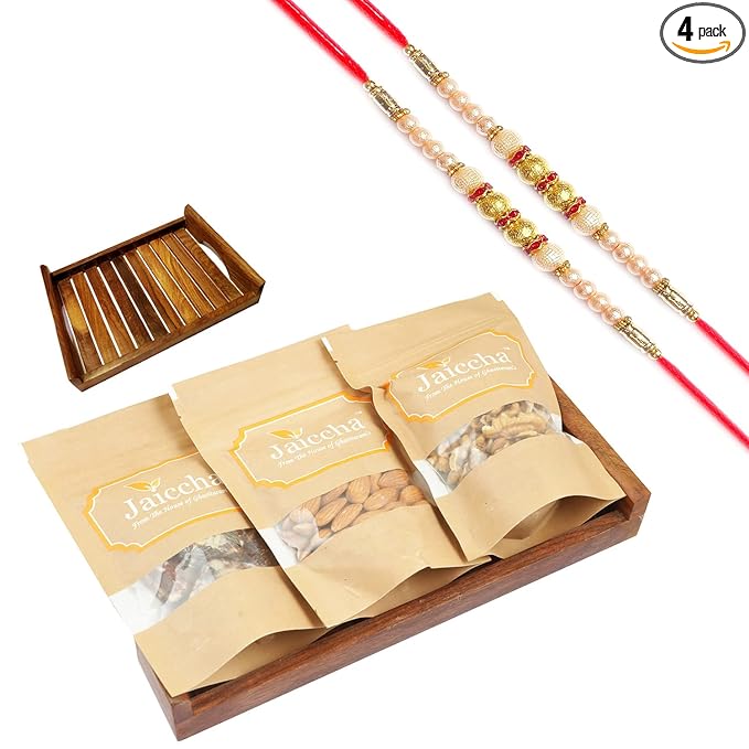 Jaiccha Ghasitaram Rakhi Gifts for Brothers - Striped Wooden Tray of Sugarfree Bites Almonds and Walnuts with 2 Pearl Rakhis