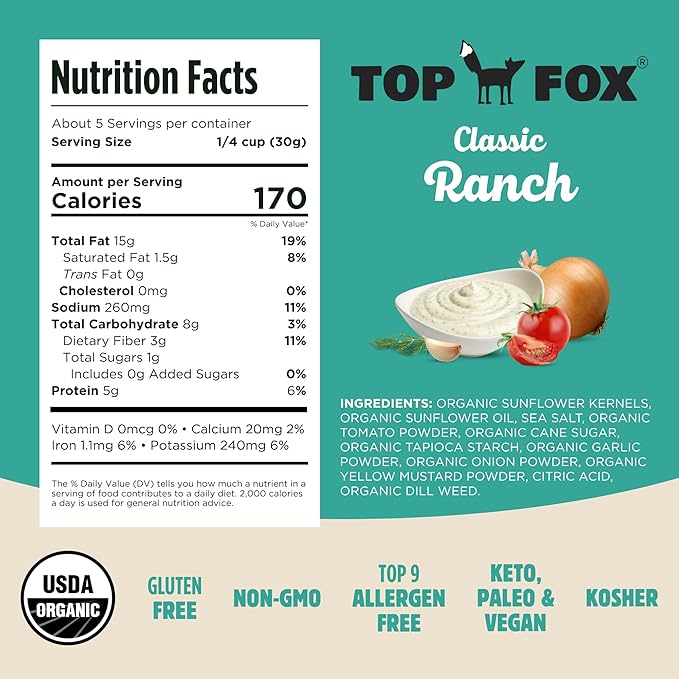 Top Fox Snacks Ranch Sunflower Seeds To Eat (5.5 oz Pack of 6) – Keto Friendly Snacks Allergen Free Snacks Gluten Free Snacks Protein Snacks Keto Snacks Paleo &amp Vegan - Organic