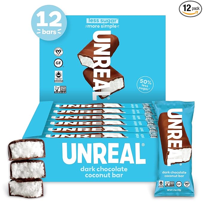 Unreal Dark Chocolate Coconut Bars | Certified Vegan Gluten Free Fair Trade Non-GMO | No Sugar Alcohols or Soy 1.3 Oz (Pack of 12)