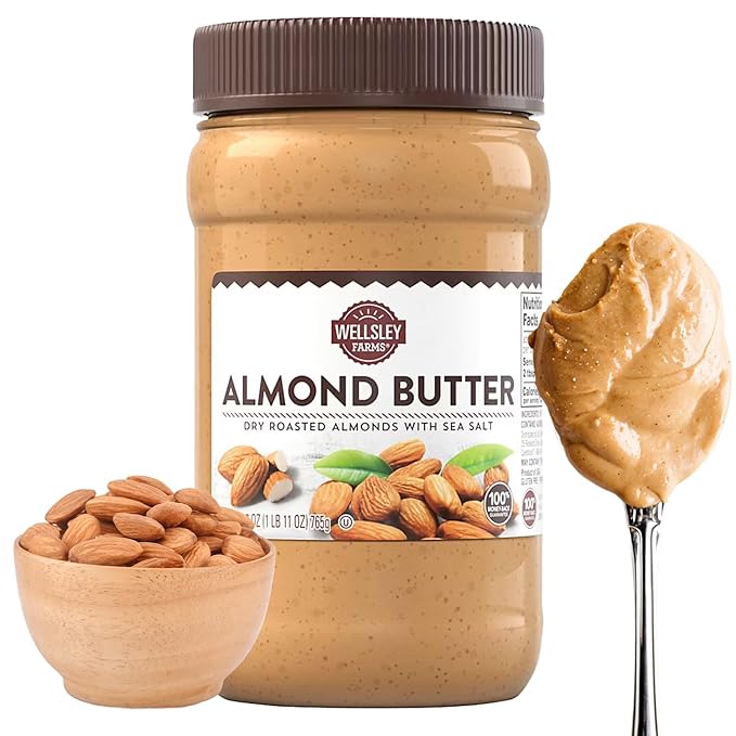 Wellsley Farms Almond Butter with Sea Salt 27 oz – Gluten-Free Creamy &amp Smooth Texture Made with Dry Roasted USA-Grown Almonds Peanut-Free High-Protein Spread for Toast Smoothies &amp Bakin