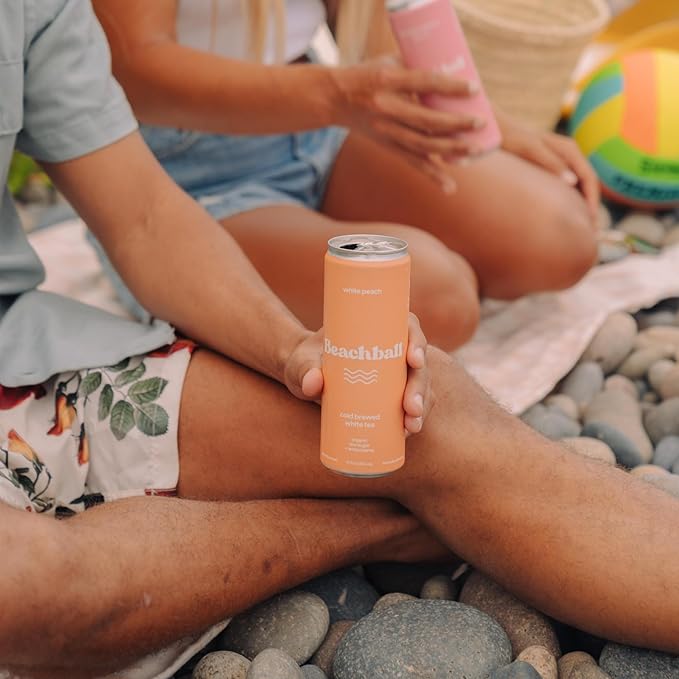 Beachball Organic Iced Tea White Peach Cold Brewed White Tea Low Sugar 12 pack (12oz can) antioxidants immune support electrolytes vitamin c