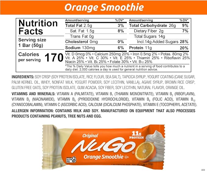 NuGo Protein Bar Orange Smoothie 11g Protein Gluten Free 15 Count