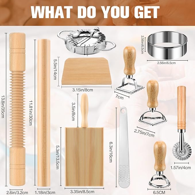 11 Pcs Pasta Making Tools Kit - Includes Wooden Gnocchi Board with Ravioli Stamp Cutter Threaded Rolling Pin Dumpling and Pasta Maker - Gift for Homemade kitchen Baking Lovers