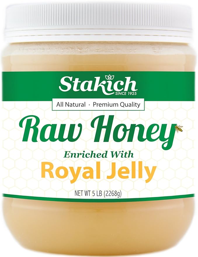 Stakich Royal Jelly Enriched Raw Honey - Pure Unprocessed Unheated - 5 Pound (80 Ounce)