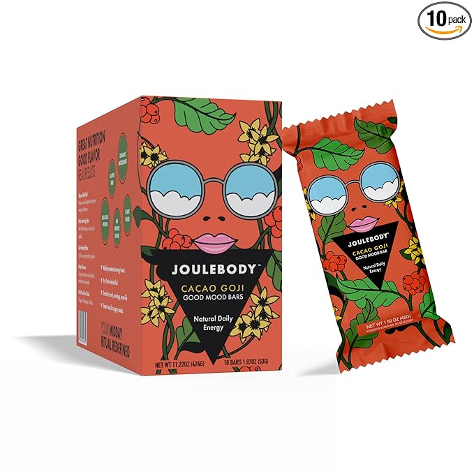Joulebody Cacao Goji Good Mood Bars Meal Replacement Bars Plant Based Gluten-Free Organic Ingredients 10 Bars per Box