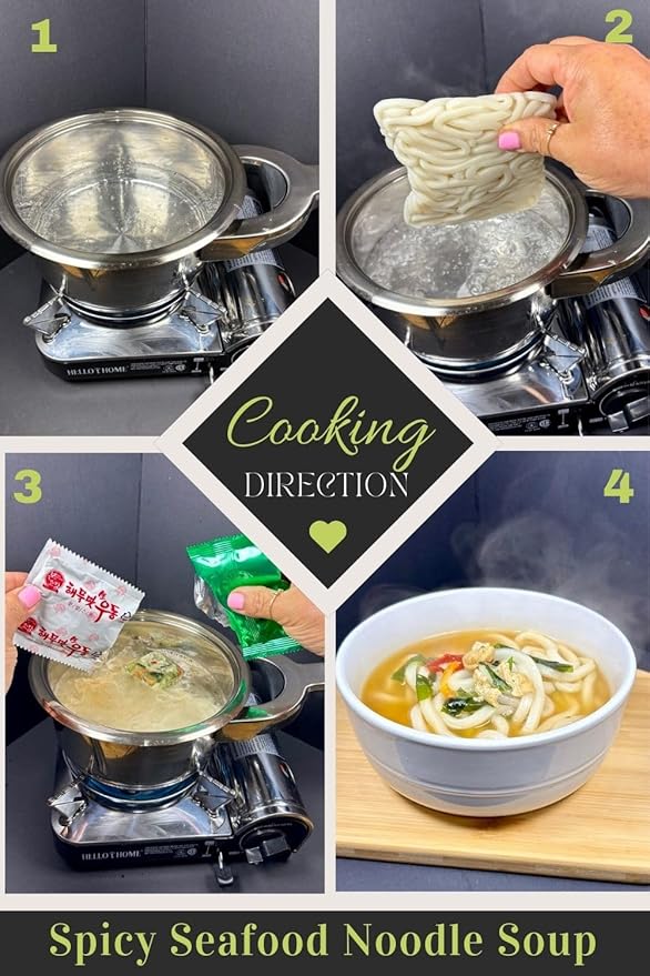 Bongojang Korean Noodle Soup Variety Pack Spicy Seafood and Deuchi Udon 2 Servings Each 98% Fat Free
