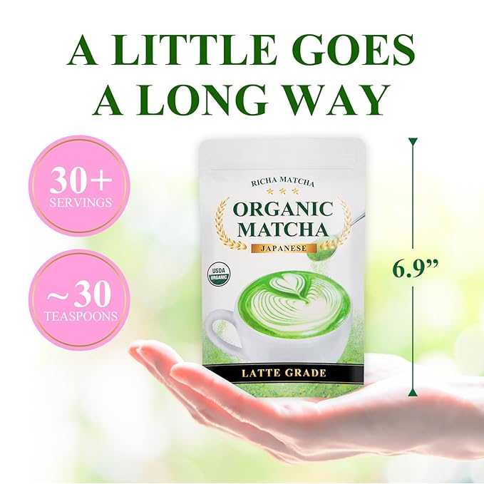 RICHA MATCHA – Organic Latte Grade Japanese Matcha Powder – Uji Matcha Green Tea from Kyoto Japan – First Harvest – Perfect for Matcha Latte Iced Drinks Smoothies &amp Baking – Smooth &amp Vibran