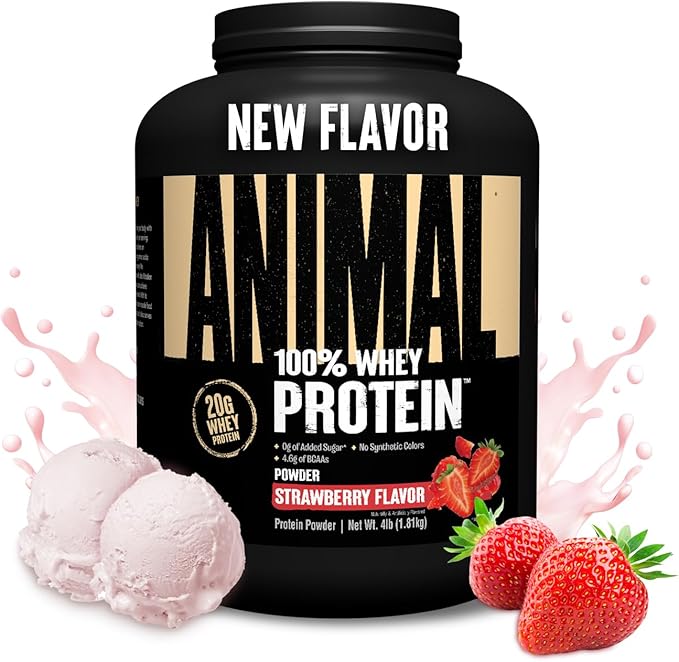 Animal 100% Whey Protein Powder – Whey Blend for Pre or Post Workout Recovery Anytime Low Sugar Protein Boost Meal Replacement with BCAA Branched Chain Amino Acids – New Flavor Strawberry 4 lb