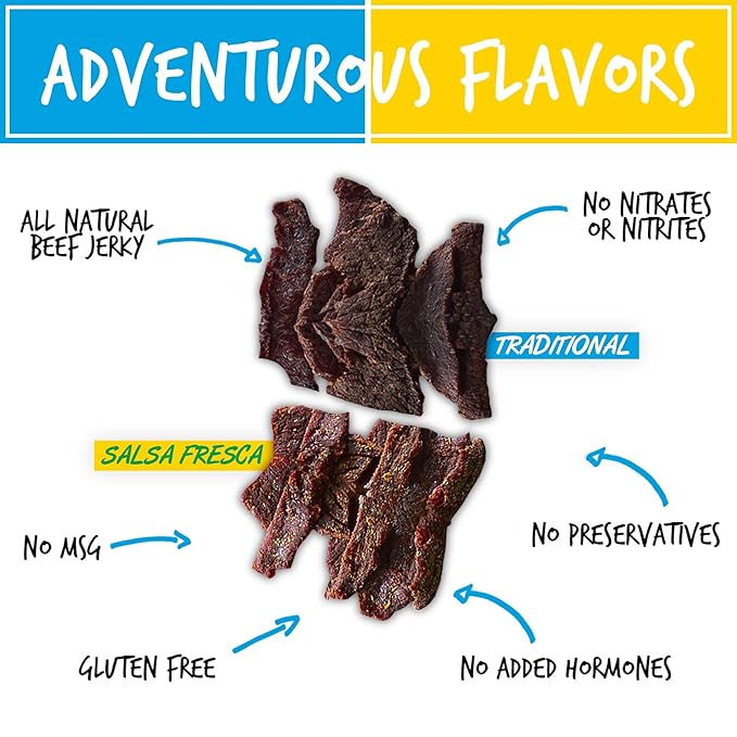 BAJA BEEF Jerky Snack Packs - Beef Jerky Variety Pack Beef Jerky Gifts for Men Beef Jerky Sampler High Protein Craft Jerky Assortment Gluten Free - Traditional &amp Salsa Fresca 2.5 Oz Bags (4 P