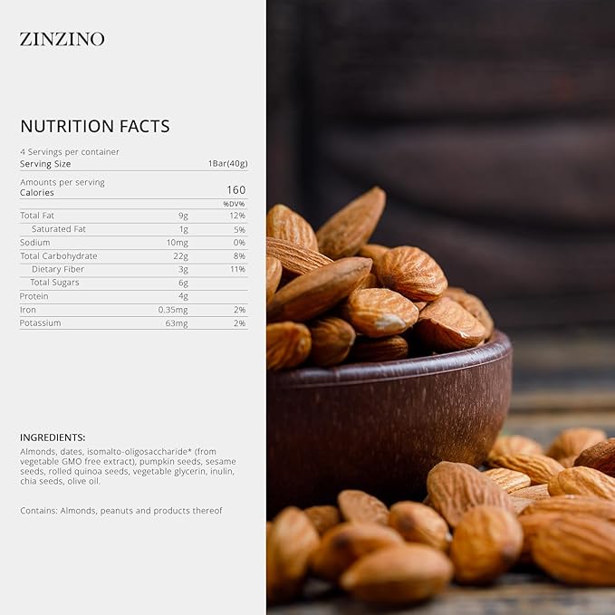 Zinzino - Energy Bars Nut and Seed - Fiber Vegan Snack No Added Sugar GMO-Free Healthy Snack for Adults Great Taste - 4-Pack High