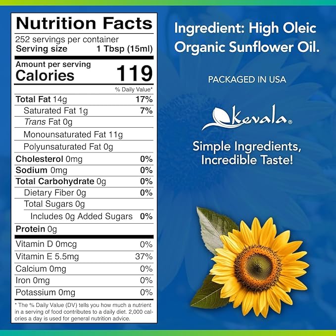 Kevala Organic Sunflower Oil - Oil Rich in Vitamin E for Cooking and Body Care Great Ingredient for a Salad Dressing with no Cholesterol Kitchen Pantry Staple for your Home 128 fl oz 1 gal