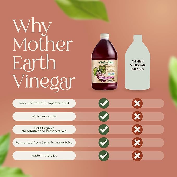 Mother Earth Organic Red Wine Vinegar with The Mother Fresh Pressed Organic Cabernet Grapes ORWV RWV Raw Unpasteurized Unfiltered (1/64oz)