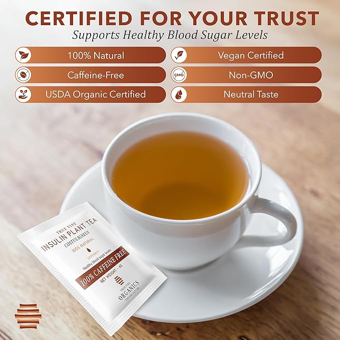 True Vine Insulin Plant Tea (USDA Organic) — Herbal Organic Tea Bags for Blood Sugar Support Digestive Wellness &amp Metabolic Balance — 100% Natural Caffeine-Free No Additives – 31 Sachets (4g Ea