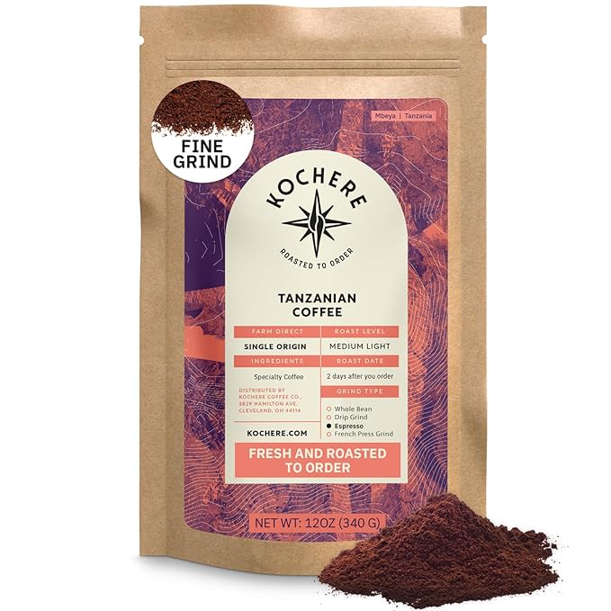 Tanzanian Peaberry Coffee Ground - Single Origin Medium Light Roast Roasted To Order Ground Coffee Specialty Grade Fair Trade and Non-GMO Floral and Fruity Notes - 12 oz