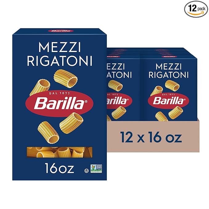 Barilla Mezzi Rigatoni Pasta 16 oz. Box (Pack of 12) - Non-GMO Pasta Made with Durum Wheat Semolina - Kosher Certified Pasta
