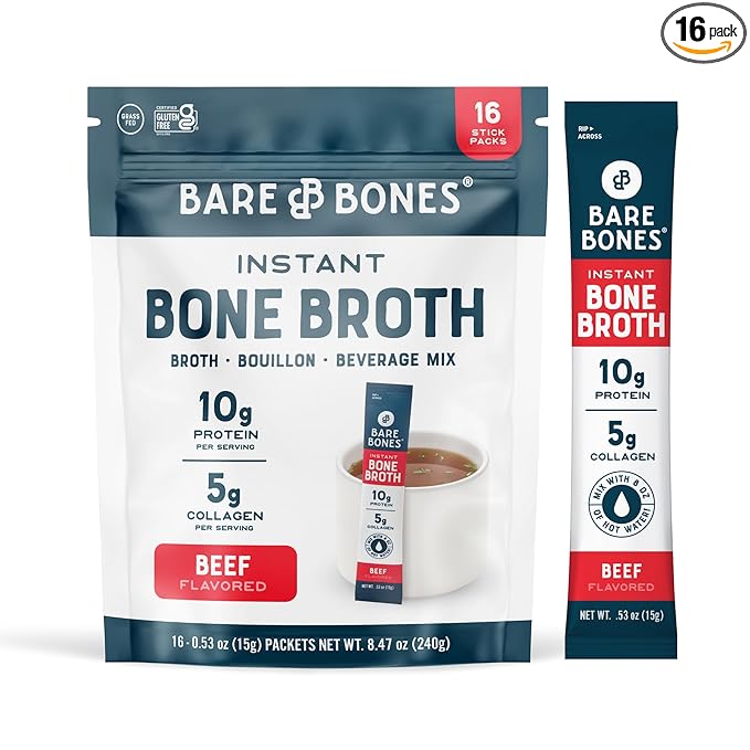 Bare Bones Beef Bone Broth Instant Powdered Mix Packets | 5g Collagen | 10g Protein | Keto &amp Paleo Friendly | No Artificial Flavors | Rich Savory on-the-go 16 Pack