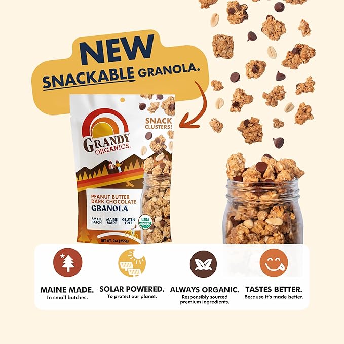Grandy Organics Peanut Butter &amp Dark Chocolate Granola - 6g Protein Snackable Granola Clusters - Whole Grain Gluten Free Non-GMO Certified Organic Healthy Snacks - Pack of 3