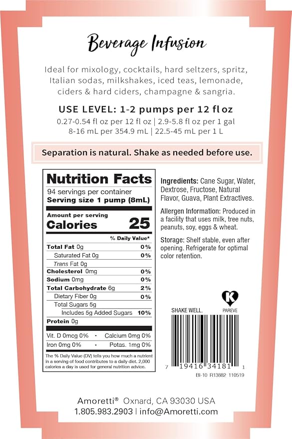 Amoretti - Guava Beverage Infusion - Drink Mix &amp Water Enhancer with Pump for Flavoring Cocktails Waters Teas and other Beverages Preservative Free