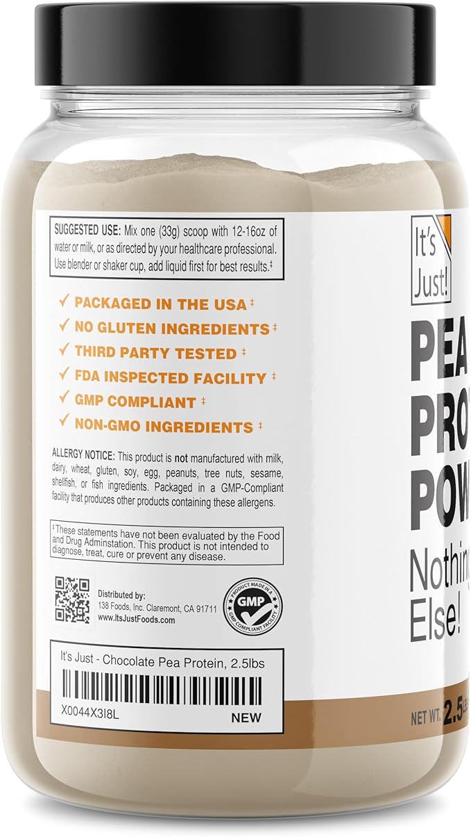 It's Just! Pea Protein Isolate Plant Based Premium Quality Gluten Free Vegan Keto Friendly Product of Canada Packaged in USA (2.5 Pound Chocolate)