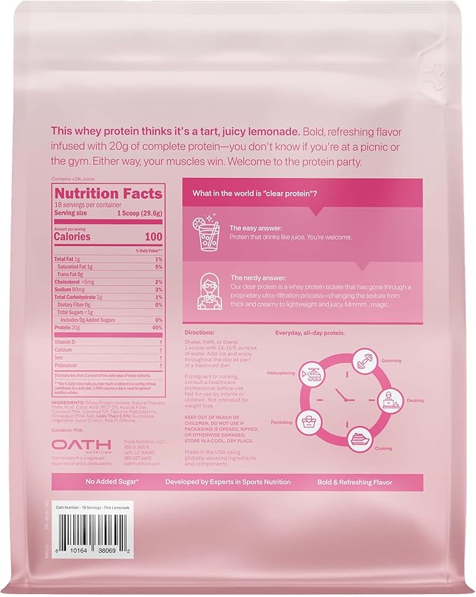 Oath Nutrition Clear Whey Isolate Protein Powder Pink Lemonade 20g Complete Protein per Serving No Added Sugar Grass-Fed 18 Servings