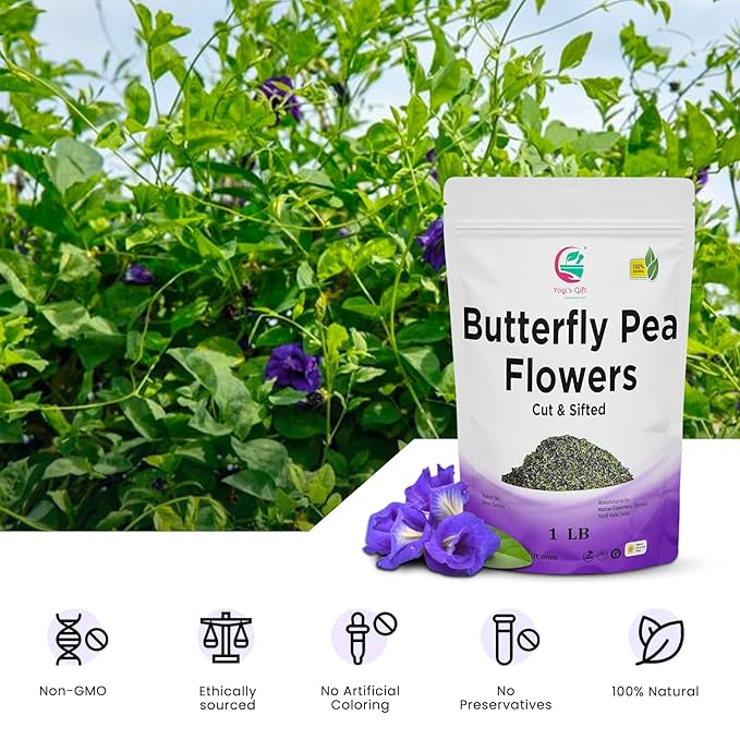 Butterfly Pea Flower Tea 1 LB (1000+ Cups) | Cut and Sifted | Makes Beautiful Blue Or Purple Food Coloring | Blue tea Butterfly Pea Flower | Non-Gmo Ethically Sourced | By Yogi's Gift®
