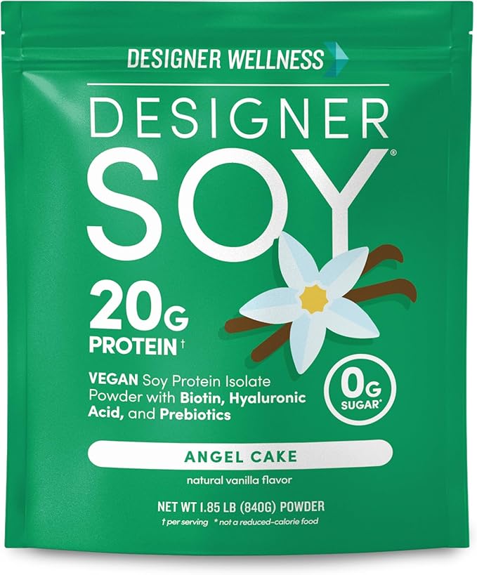 Designer Wellness Soy Isolate Protein Powder with Biotin Hyaluronic Acid and Prebiotics Vegan 0 Sugar Non-GMO Angel Cake Vanilla 1.87 lb
