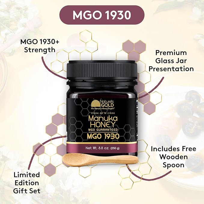 Nature’s Gold Manuka Honey MGO 1930+ Gift Set with Wooden Spoon | 8.8oz (250g) 100% Pure Genuine Traceable Hive to Home