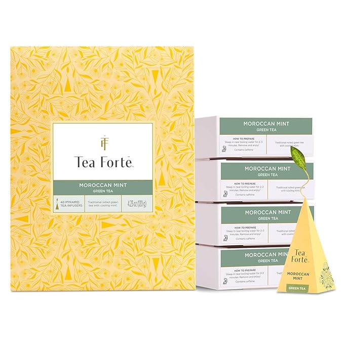 Tea Forte Moroccan Mint Premium Caffeinated Green Tea Blend Event Box Bulk Pack 40 Count 10 per tray Individually Wrapped Handcrafted Pyramid Infusers