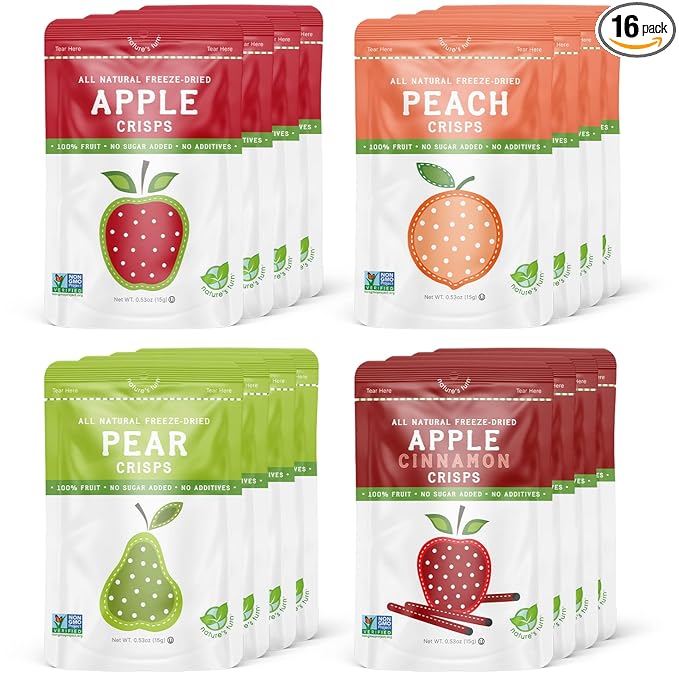 Nature’s Turn Freeze-Dried Fruit Crisps –Healthy Gluten-FreeCrispy &amp DeliciousPlant-Based SnackIdeal for Cereal Smoothies School Lunches &amp On-the-Go Orchard Variety Bags of 16(0.53 oz