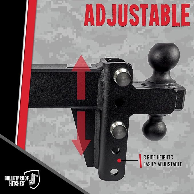 BulletProof Hitches - 3.0 Adjustable Heavy Duty Trailer Hitch (22000 lb. Rating) - 4 Drop/Rise Trailer Hitch with 2 &amp 2-5/16 Dual Ball - Powder Coat Solid Steel Corrosion-Resistant