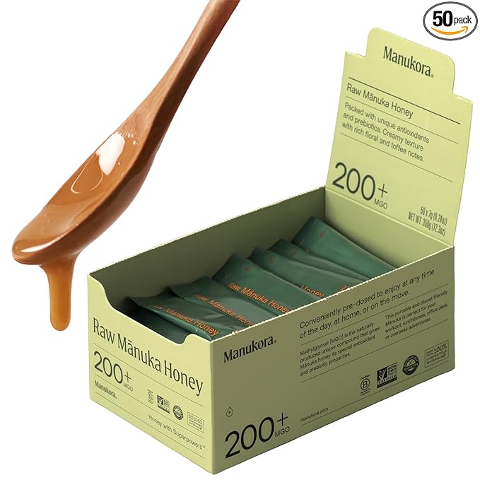 Manukora Raw Manuka Honey MGO 200+ New Zealand Honey Non-GMO Traceable from Hive to Hand Daily Wellness Support - 7g (0.25 Oz) 50 Sticks
