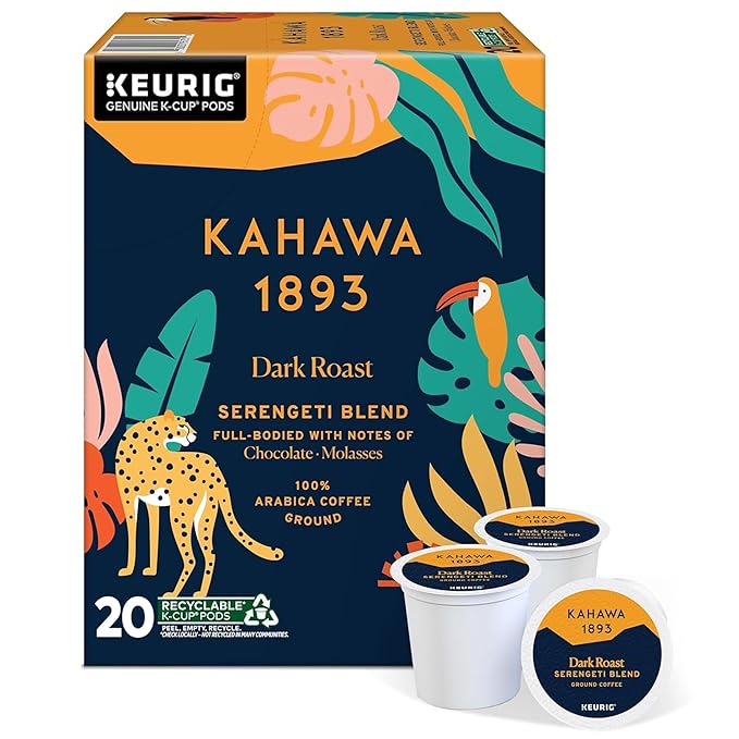 Kahawa 1893 Dark Roast Coffee K-Cup Pods Serengeti Blend (20 Count) - As Seen on Shark Tank Low Acid High Antioxidants Naturally Sweet Organically Grown Ethically &amp Sustainably Sourced