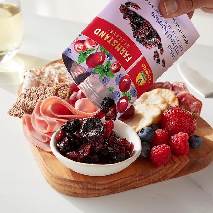 Sun-Maid Bundle California Sun-Dried Raisins (2 Pack) 32 oz Resealable Bag + Farmstand Reserve (24 Count Variety Pack) 0.8 oz Snack Bag Whole Cranberries and Mixed Berries