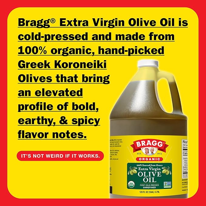 Bragg Organic Extra Virgin Olive Oil – Made with Greek Koroneiki Olives – Cold Pressed EVOO for Marinades &amp Vinaigrettes – USDA Certified Non-GMO Kosher (128 fluid Ounce) (Pack of 2)