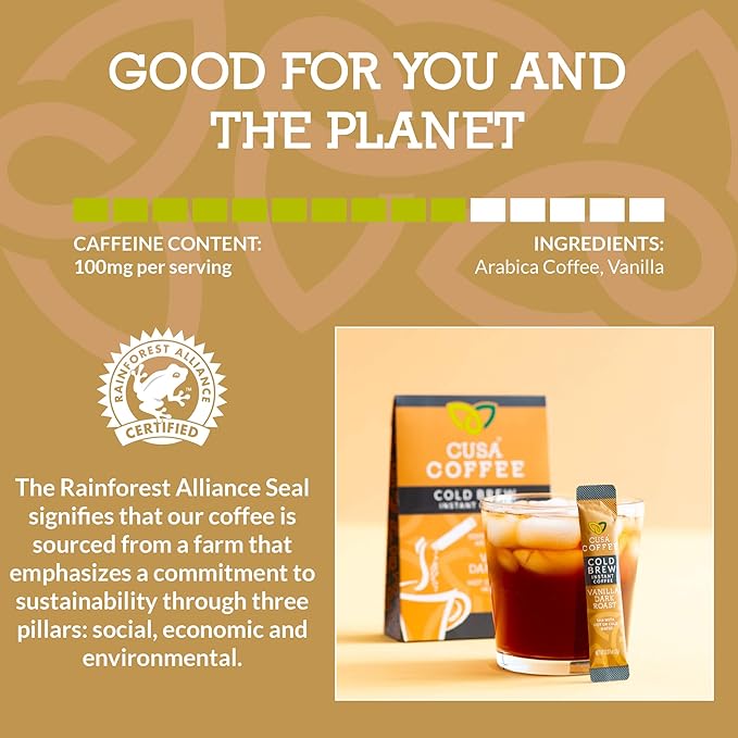 Cusa Tea &amp Coffee | Premium Instant Vanilla Dark Roast | Rainforest Alliance Certified Arabica Beans | Hot or Cold Brew Drink Mix Packets (30 Single Servings)